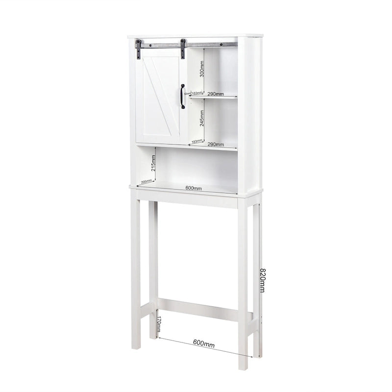 Meuble de rangement WC avec porte coulissante – Blanc, panneau arrière à lattes, étagères réglables
