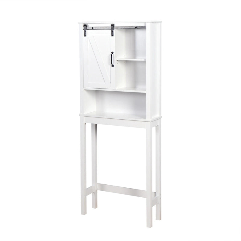Meuble de rangement WC avec porte coulissante – Blanc, panneau arrière à lattes, étagères réglables