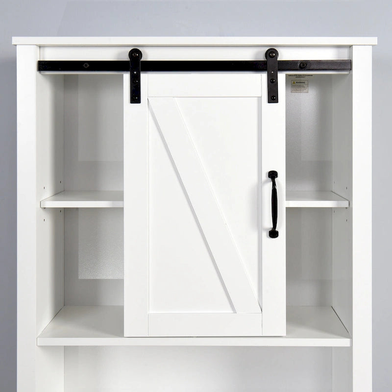 Meuble de rangement WC avec porte coulissante – Blanc, panneau arrière à lattes, étagères réglables