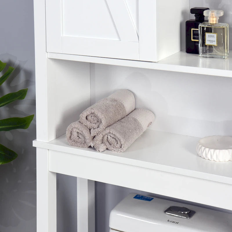 Meuble de rangement WC avec porte coulissante – Blanc, panneau arrière à lattes, étagères réglables