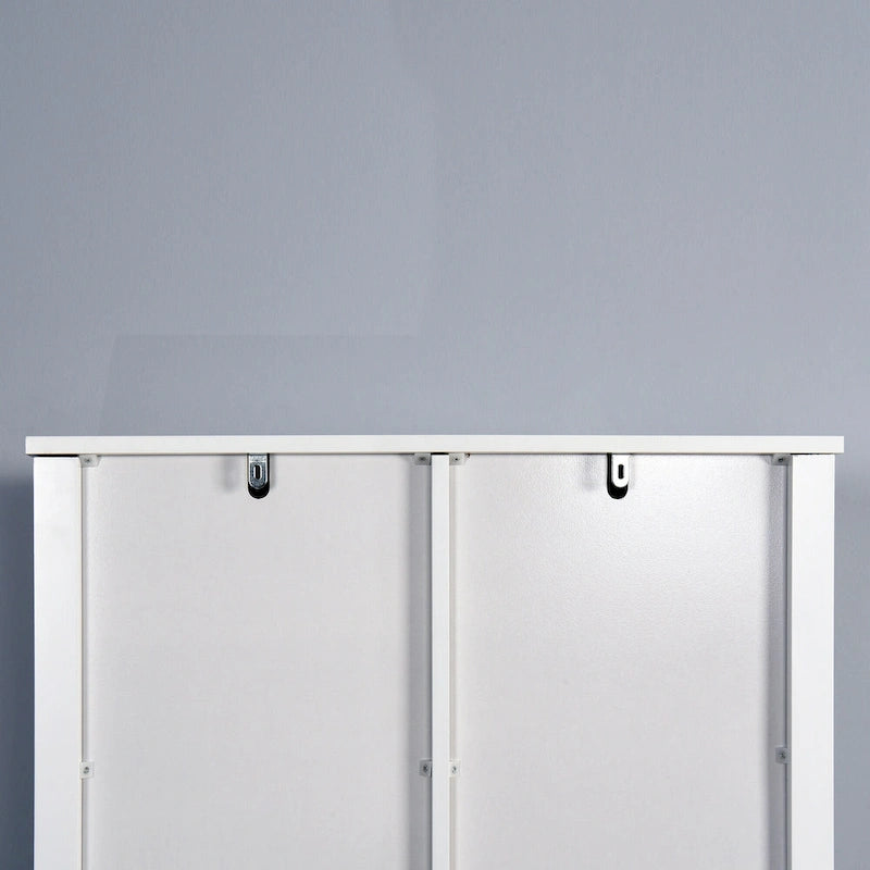 Meuble de rangement WC avec porte coulissante – Blanc, panneau arrière à lattes, étagères réglables