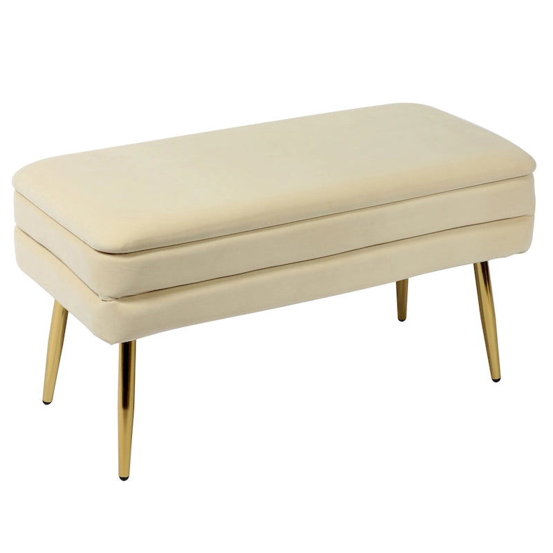 Banc de rangement en velours touffeté avec pieds dorés – Crème, 1 place