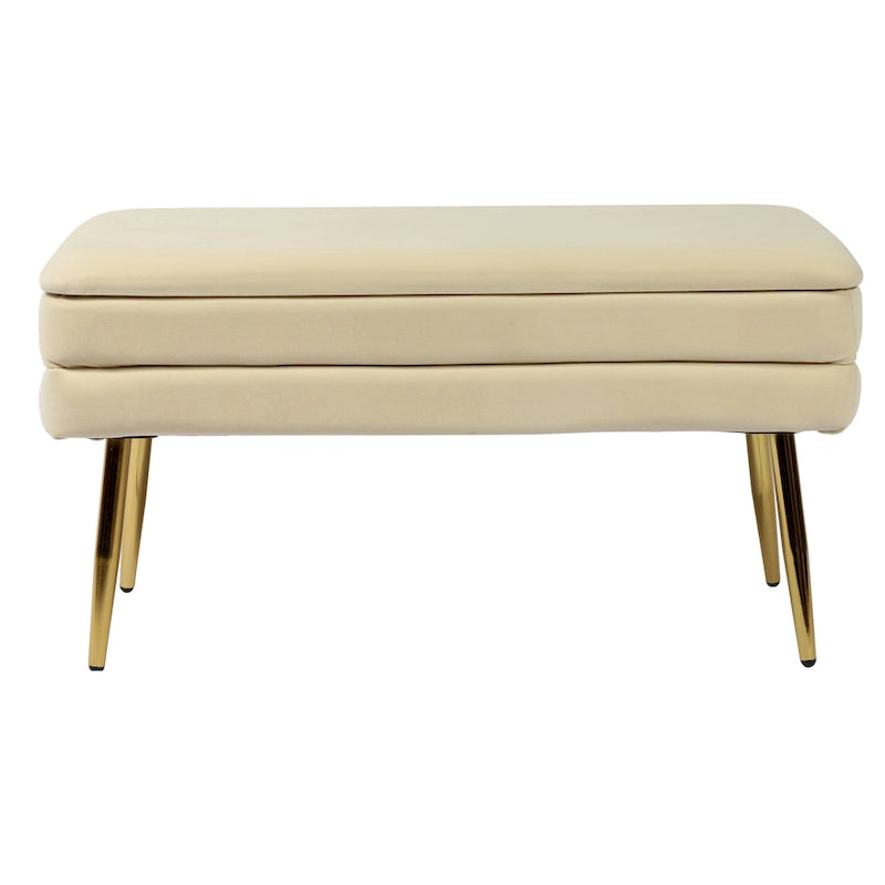 Banc de rangement en velours touffeté avec pieds dorés – Crème, 1 place