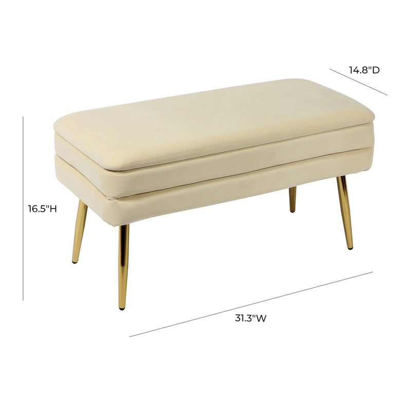 Banc de rangement en velours touffeté avec pieds dorés – Crème, 1 place