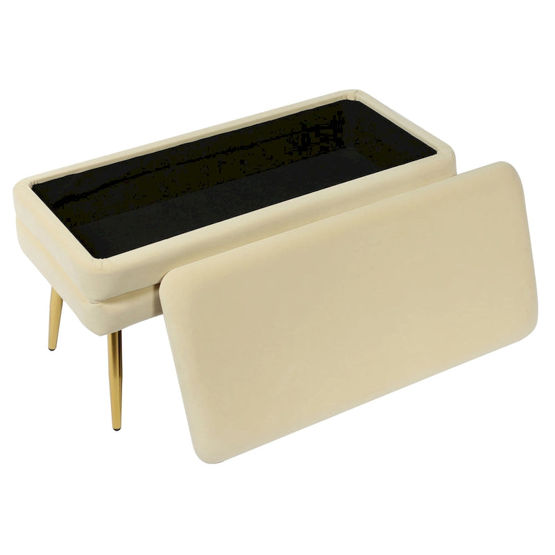 Banc de rangement en velours touffeté avec pieds dorés – Crème, 1 place