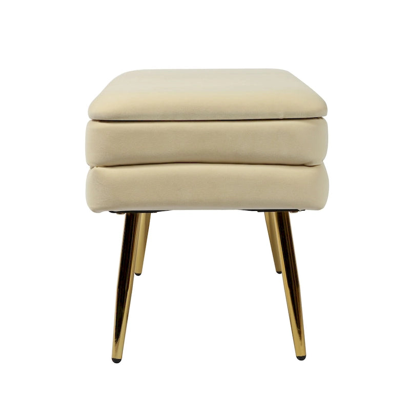Banc de rangement en velours touffeté avec pieds dorés – Crème, 1 place