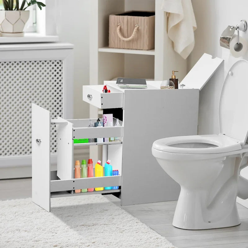 HOMCOM Bathroom Floor Organizer Free Standing Space Saving Narrow Storage Cabinet Bath Toilet Paper Holder with Drawers White
