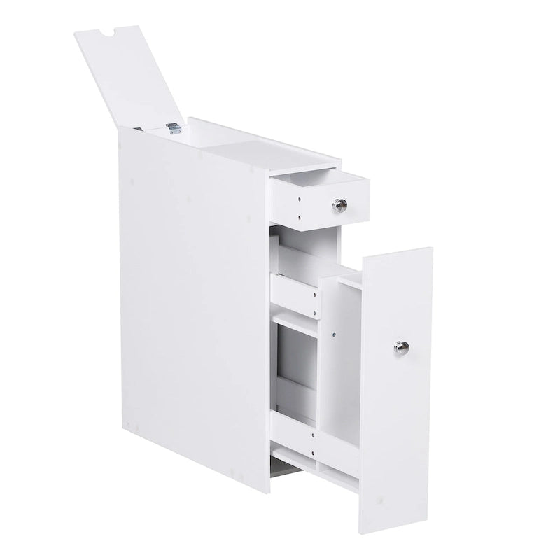 Meuble de rangement étroit coulissant pour salle de bain avec tiroirs – Blanc, MDF, Poignées chromées, Autonome