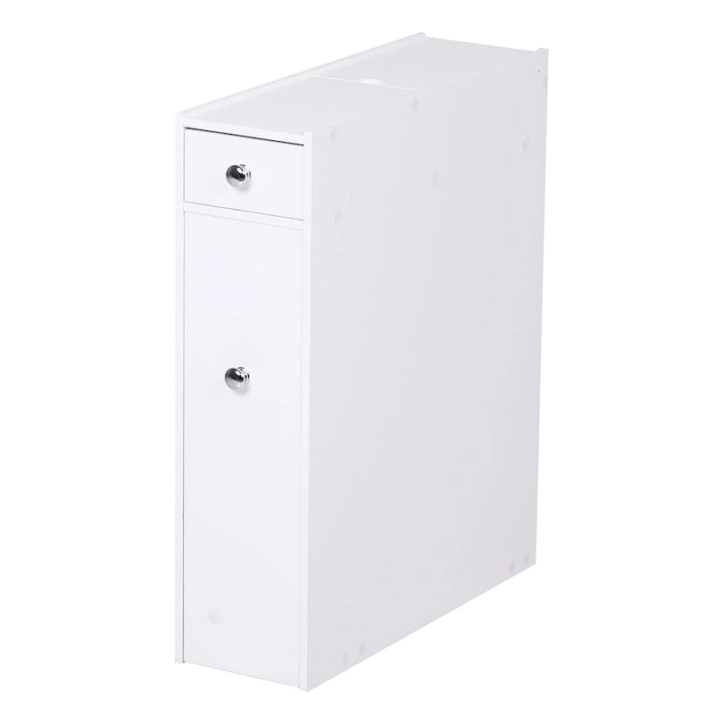 Meuble de rangement étroit coulissant pour salle de bain avec tiroirs – Blanc, MDF, Poignées chromées, Autonome