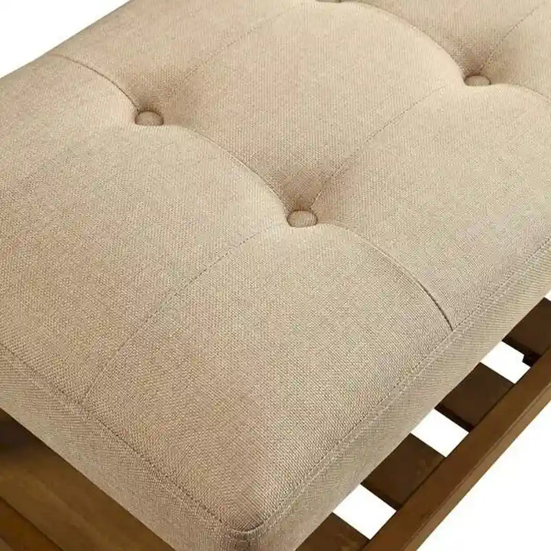Banc rembourré capitonné avec étagère à lattes – Beige et chêne, pieds coniques, 1 place