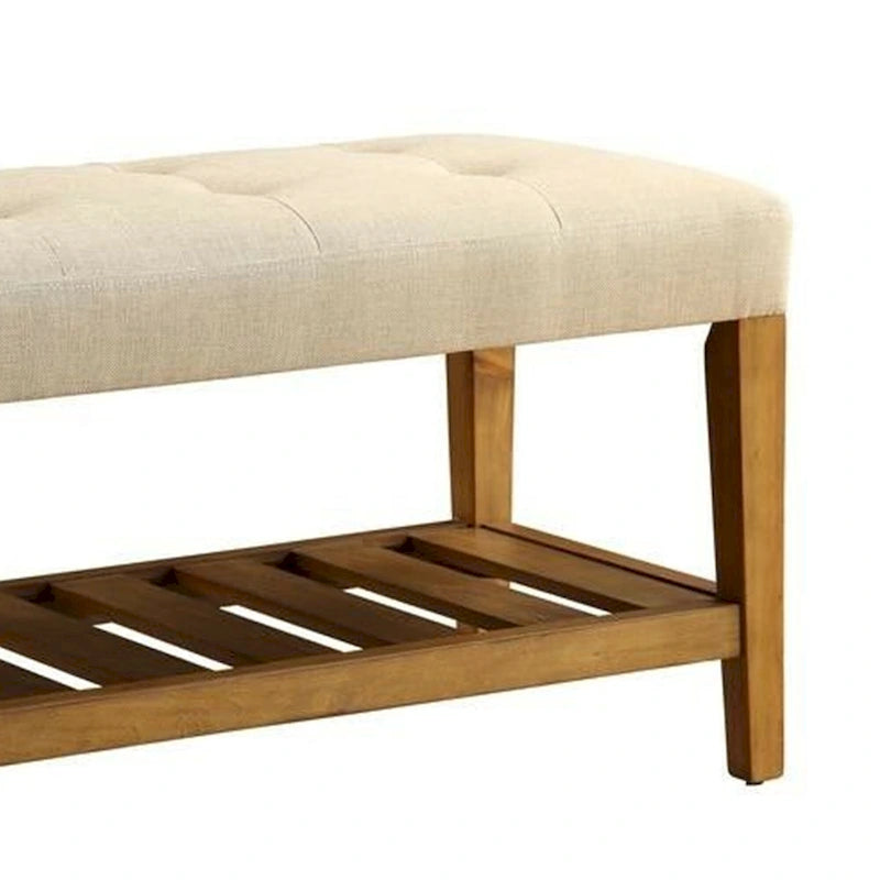 Banc rembourré capitonné avec étagère à lattes – Beige et chêne, pieds coniques, 1 place
