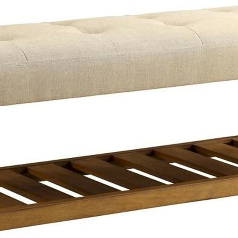 Banc rembourré capitonné avec étagère à lattes – Beige et chêne, pieds coniques, 1 place