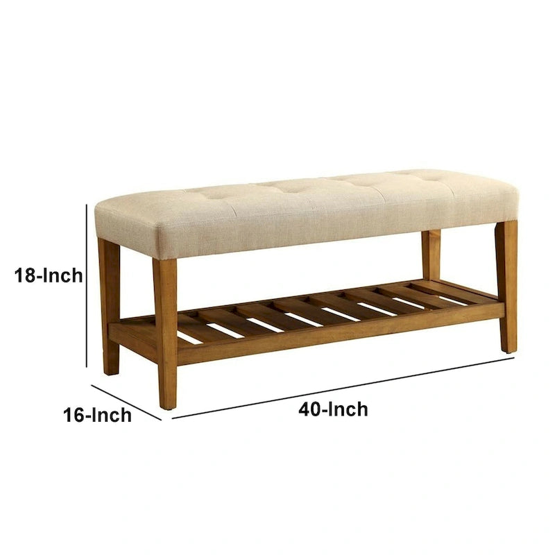 Banc rembourré capitonné avec étagère à lattes – Beige et chêne, pieds coniques, 1 place