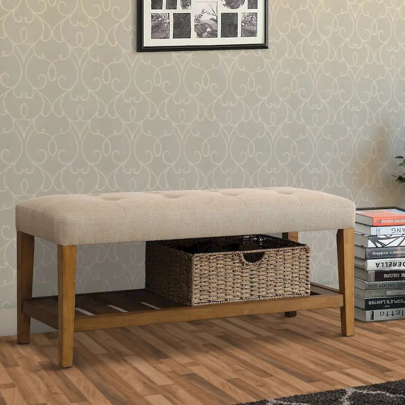 Banc rembourré capitonné avec étagère à lattes – Beige et chêne, pieds coniques, 1 place