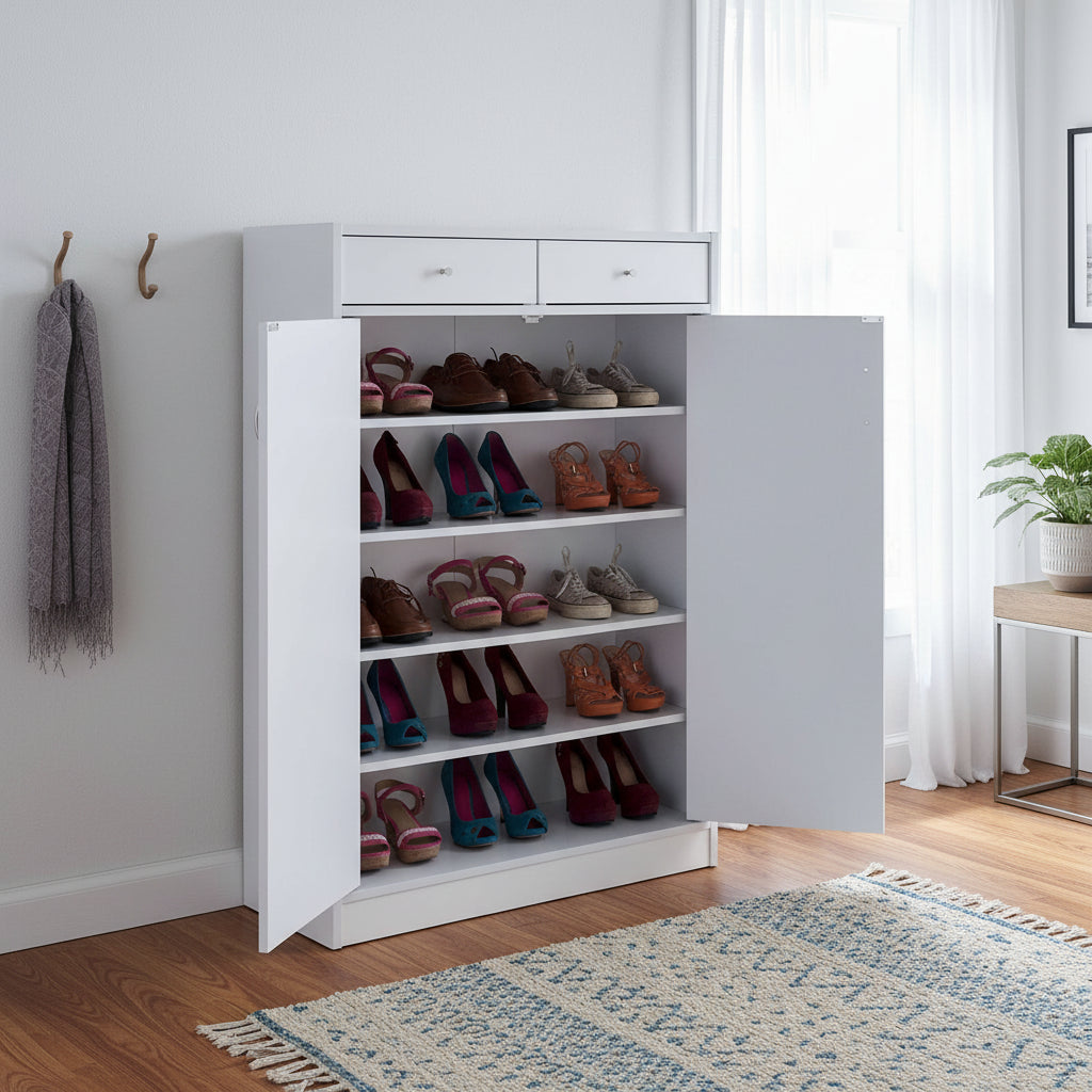 Meuble à chaussures 2 portes avec 2 tiroirs et 5 étagères – Blanc, dessus en bois, peut contenir jusqu'à 15 paires