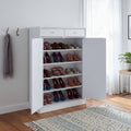 Meuble à chaussures 2 portes avec 2 tiroirs et 5 étagères – Blanc, dessus en bois, peut contenir jusqu'à 15 paires