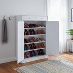 Meuble à chaussures 2 portes avec 2 tiroirs et 5 étagères – Blanc, dessus en bois, peut contenir jusqu'à 15 paires