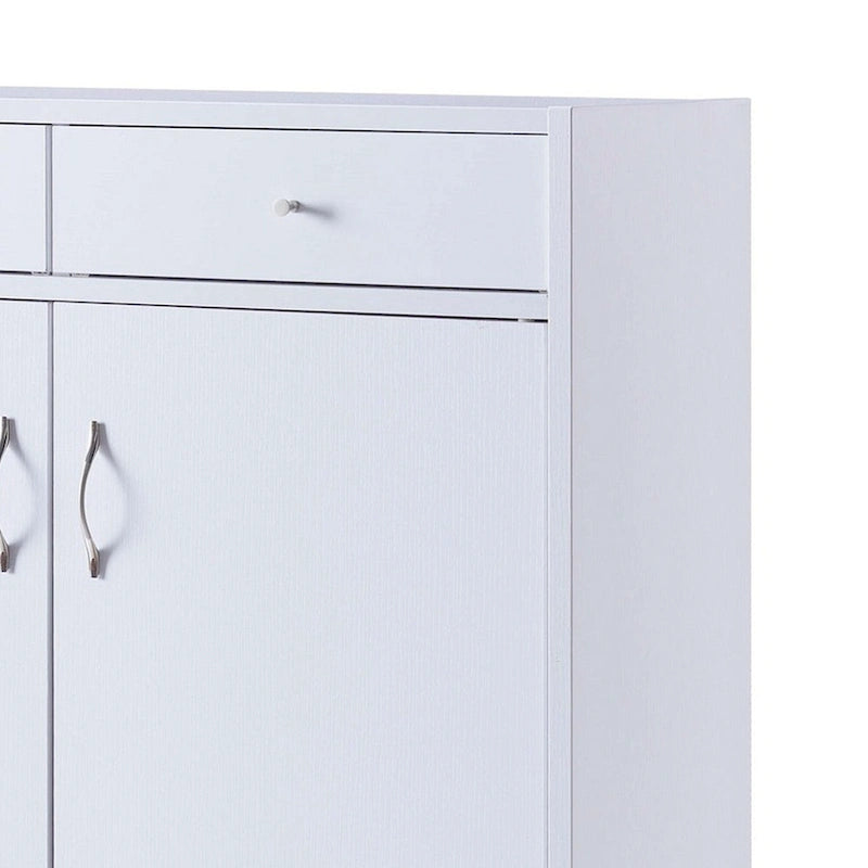 Meuble à chaussures 2 portes avec 2 tiroirs et 5 étagères – Blanc, dessus en bois, peut contenir jusqu'à 15 paires