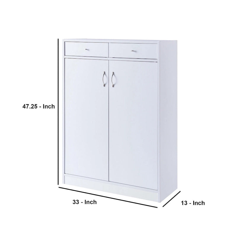Meuble à chaussures 2 portes avec 2 tiroirs et 5 étagères – Blanc, dessus en bois, peut contenir jusqu'à 15 paires