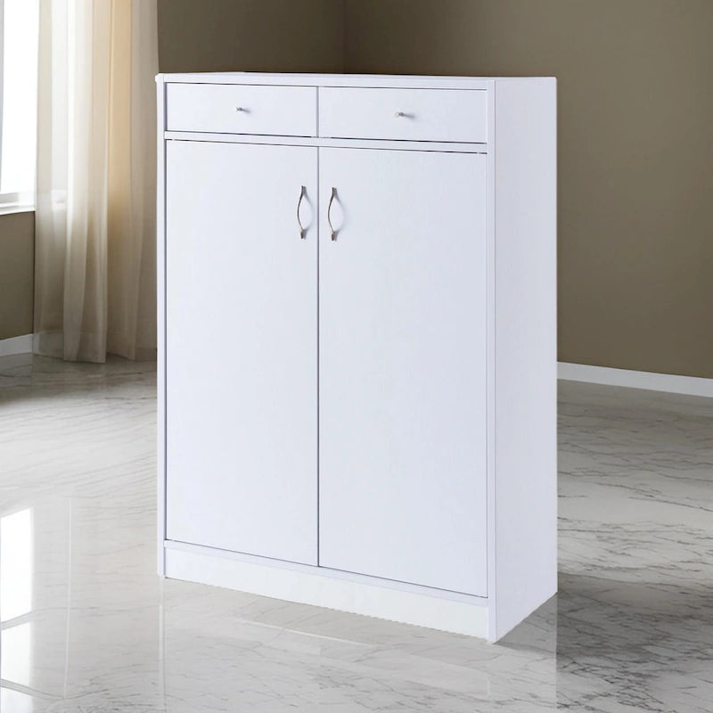 Meuble à chaussures 2 portes avec 2 tiroirs et 5 étagères – Blanc, dessus en bois, peut contenir jusqu'à 15 paires