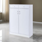 Meuble à chaussures 2 portes avec 2 tiroirs et 5 étagères – Blanc, dessus en bois, peut contenir jusqu'à 15 paires