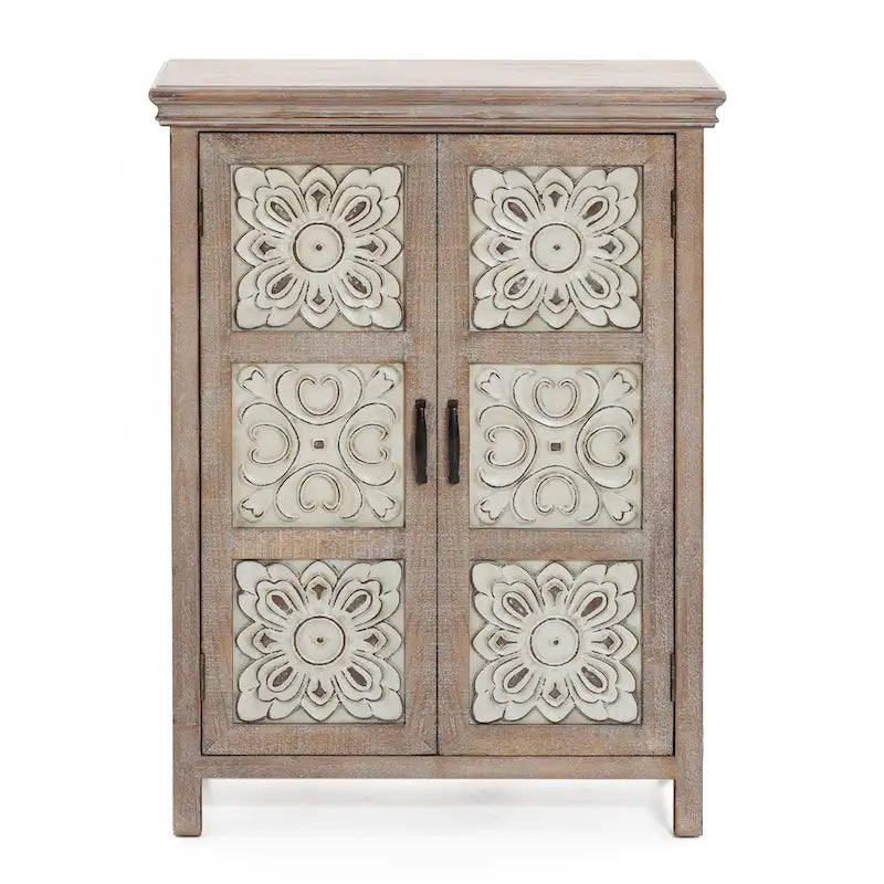 Armoire de rangement 2 portes en bois avec panneaux métalliques – Marron vieilli, style ferme