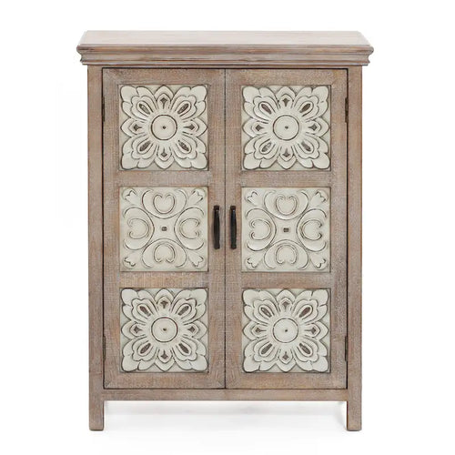 Armoire de rangement 2 portes en bois avec panneaux métalliques – Marron vieilli, style ferme