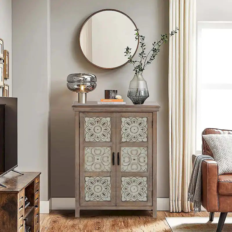 Armoire de rangement 2 portes en bois avec panneaux métalliques – Marron vieilli, style ferme