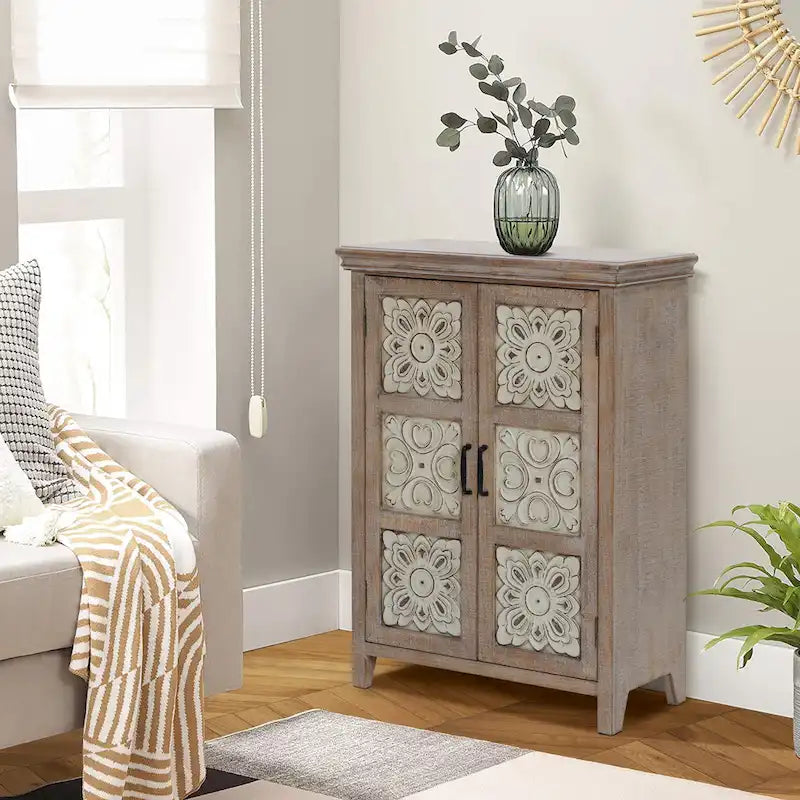 Armoire de rangement 2 portes en bois avec panneaux métalliques – Marron vieilli, style ferme
