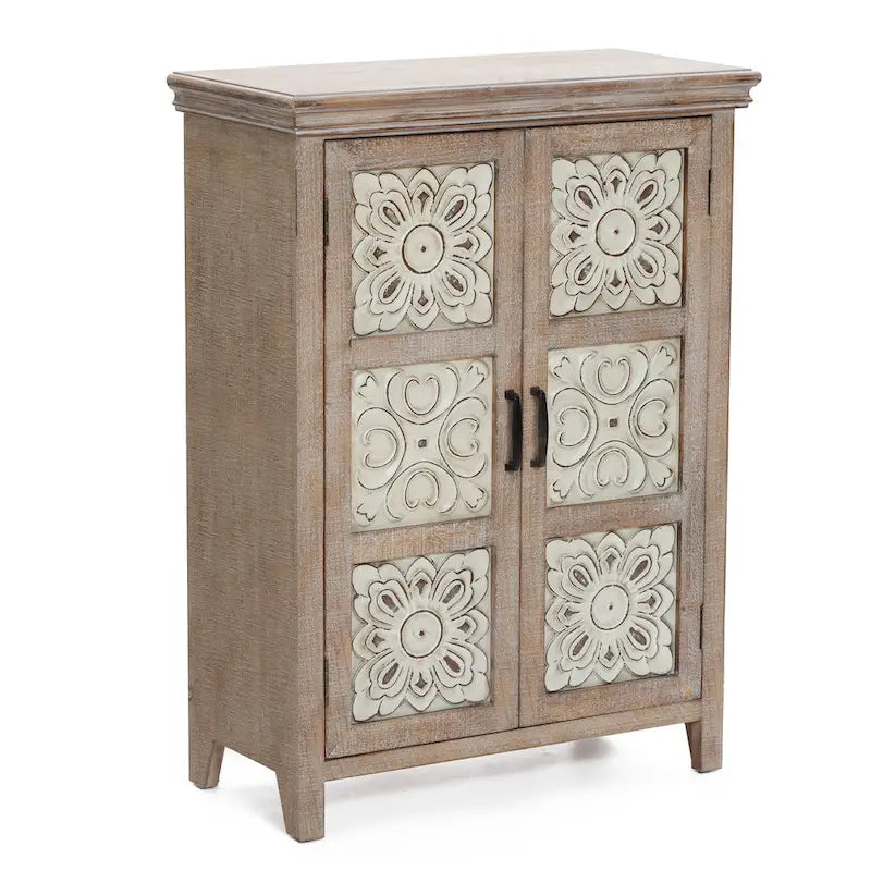 Armoire de rangement 2 portes en bois avec panneaux métalliques – Marron vieilli, style ferme
