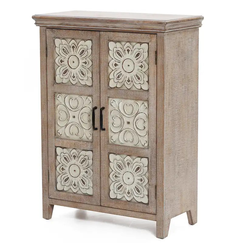Armoire de rangement 2 portes en bois avec panneaux métalliques – Marron vieilli, style ferme