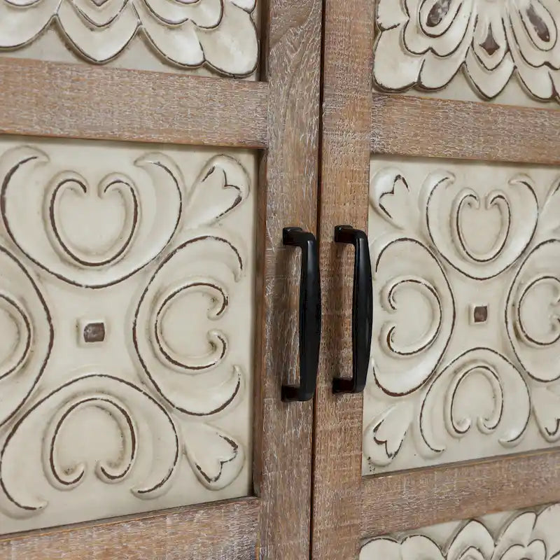 Armoire de rangement 2 portes en bois avec panneaux métalliques – Marron vieilli, style ferme