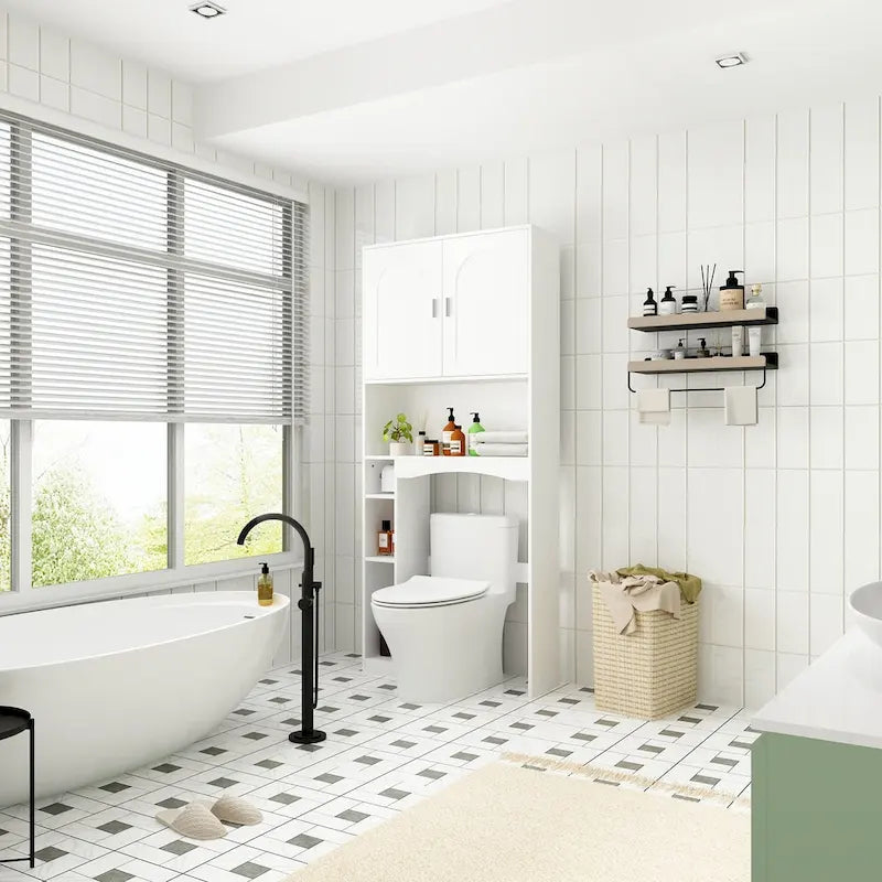 Meuble de rangement pour toilettes avec porte – Blanc, MDF, Porte moulée