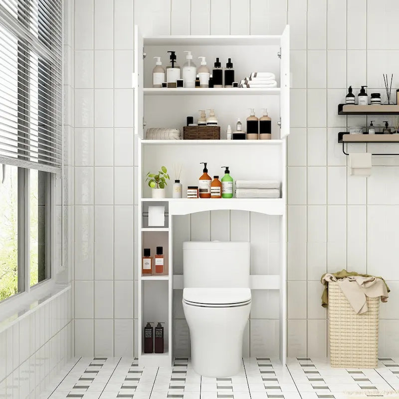 Meuble de rangement pour toilettes avec porte – Blanc, MDF, Porte moulée