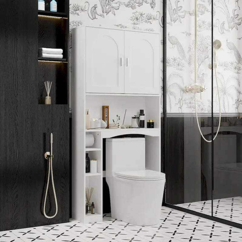 Meuble de rangement pour toilettes avec porte – Blanc, MDF, Porte moulée