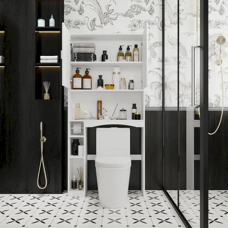 Meuble de rangement pour toilettes avec porte – Blanc, MDF, Porte moulée