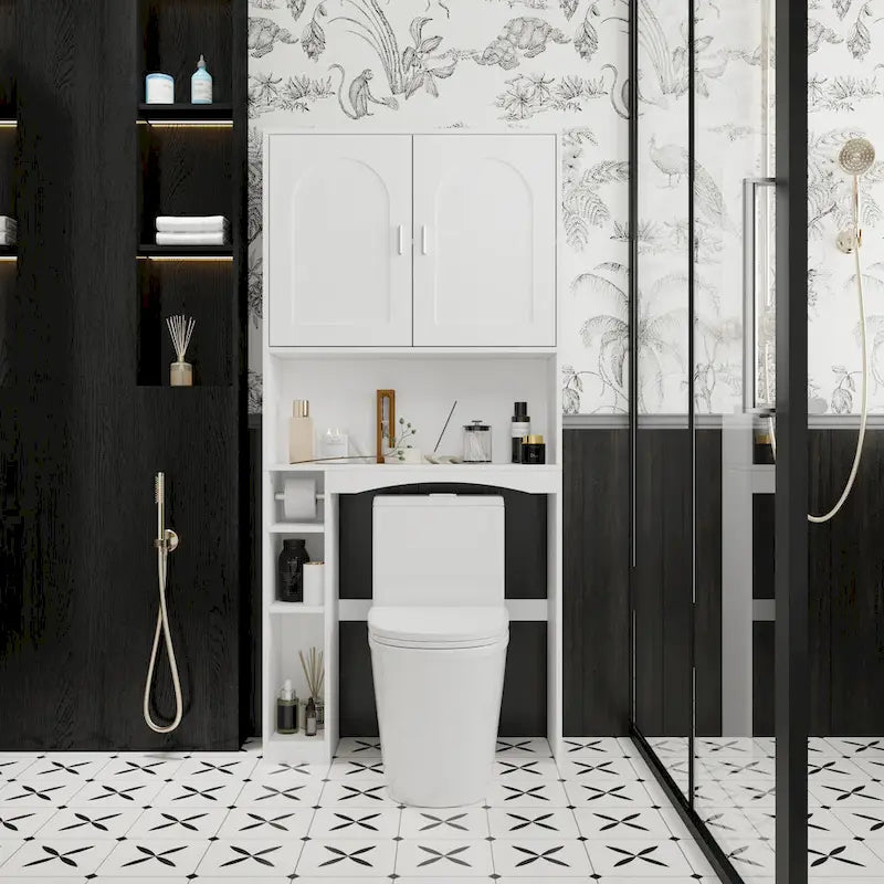 Meuble de rangement pour toilettes avec porte – Blanc, MDF, Porte moulée