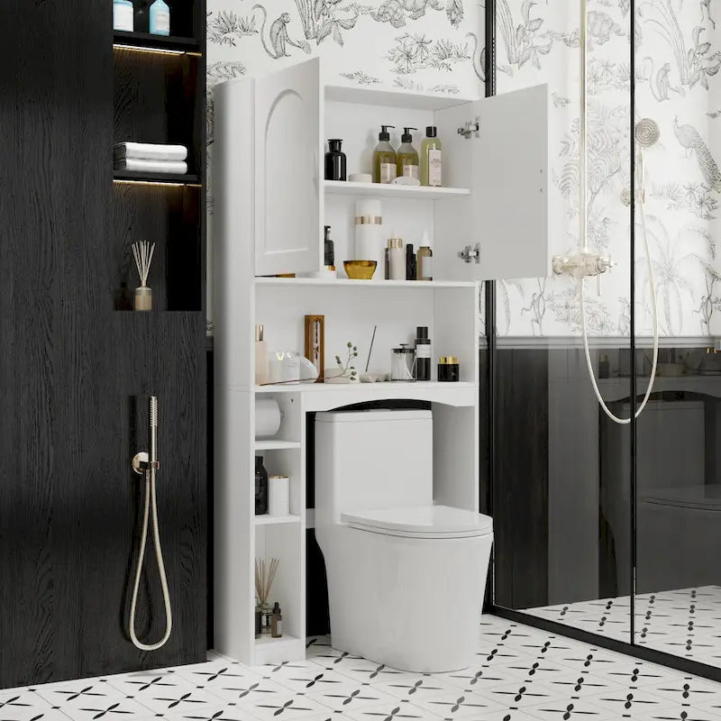 Meuble de rangement pour toilettes avec porte – Blanc, MDF, Porte moulée