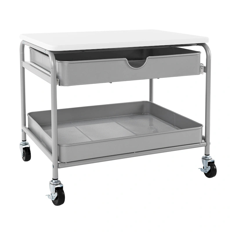 Chariot d'imprimante sous bureau avec 2 paniers métalliques et roulettes verrouillables – Blanc/Argent, Cadre en acier, 4 roulettes