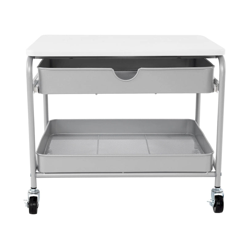Chariot d'imprimante sous bureau avec 2 paniers métalliques et roulettes verrouillables – Blanc/Argent, Cadre en acier, 4 roulettes
