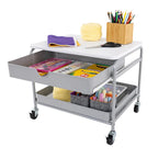 Chariot d'imprimante sous bureau avec 2 paniers métalliques et roulettes verrouillables – Blanc/Argent, Cadre en acier, 4 roulettes