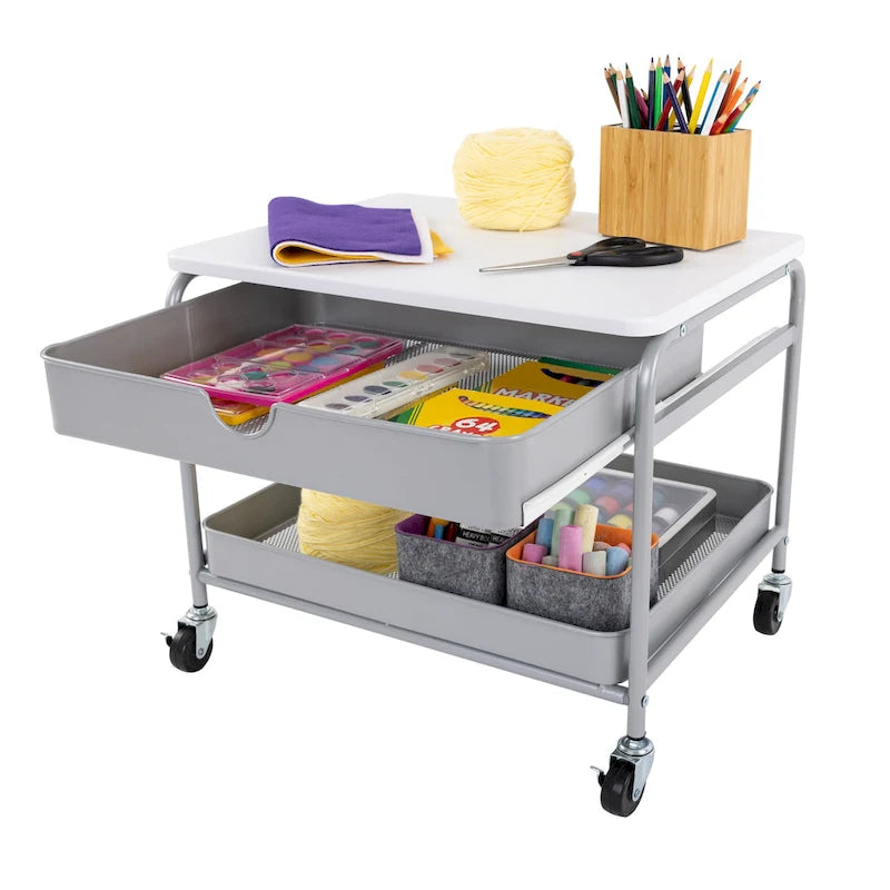 Chariot d'imprimante sous bureau avec 2 paniers métalliques et roulettes verrouillables – Blanc/Argent, Cadre en acier, 4 roulettes