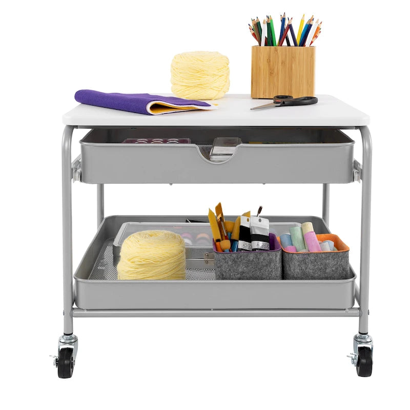 Chariot d'imprimante sous bureau avec 2 paniers métalliques et roulettes verrouillables – Blanc/Argent, Cadre en acier, 4 roulettes