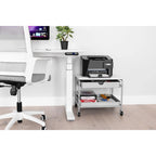 Chariot d'imprimante sous bureau avec 2 paniers métalliques et roulettes verrouillables – Blanc/Argent, Cadre en acier, 4 roulettes