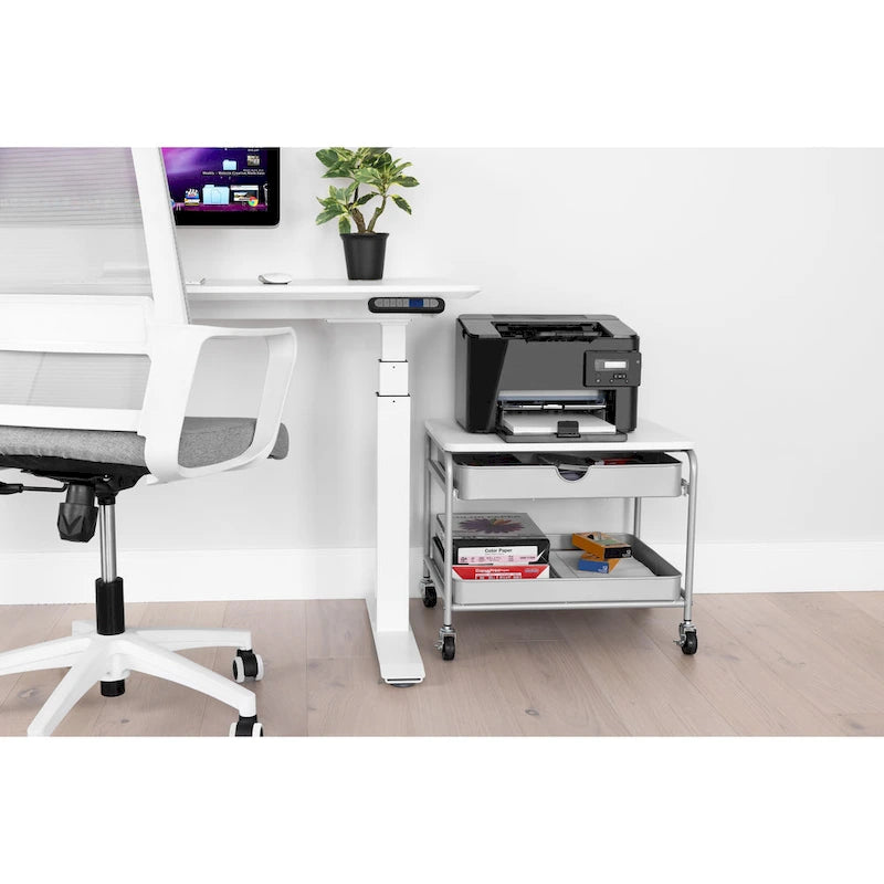 Chariot d'imprimante sous bureau avec 2 paniers métalliques et roulettes verrouillables – Blanc/Argent, Cadre en acier, 4 roulettes
