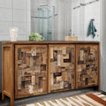 Armoire à linge 3 portes en teck massif avec étagères – Marron, finition naturelle, fabriquée à la main, intérieur/extérieur