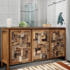 Armoire à linge 3 portes en teck massif avec étagères – Marron, finition naturelle, fabriquée à la main, intérieur/extérieur