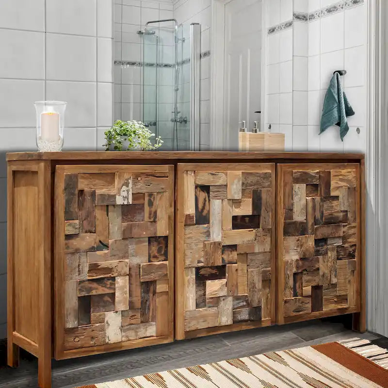Armoire à linge 3 portes en teck massif avec étagères – Marron, finition naturelle, fabriquée à la main, intérieur/extérieur