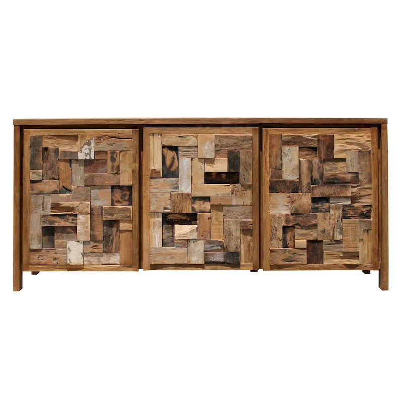 Armoire à linge 3 portes en teck massif avec étagères – Marron, finition naturelle, fabriquée à la main, intérieur/extérieur