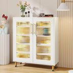 Meuble de buffet à 5 niveaux avec portes en acrylique et éclairage LED – Blanc, MDF, pieds en métal, télécommande
